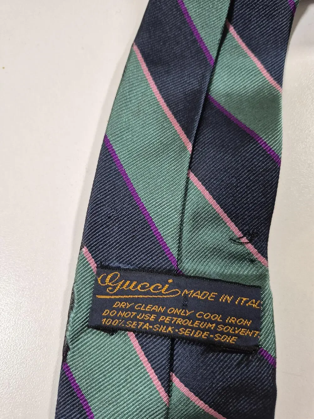 Gucci Tie Men's OS Green Striped Designer Woven Logo FLAW